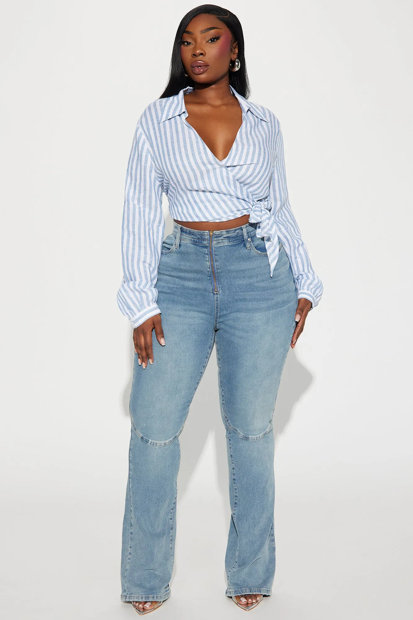 Beach Cruisin' Linen Blouse Top - White/Blue