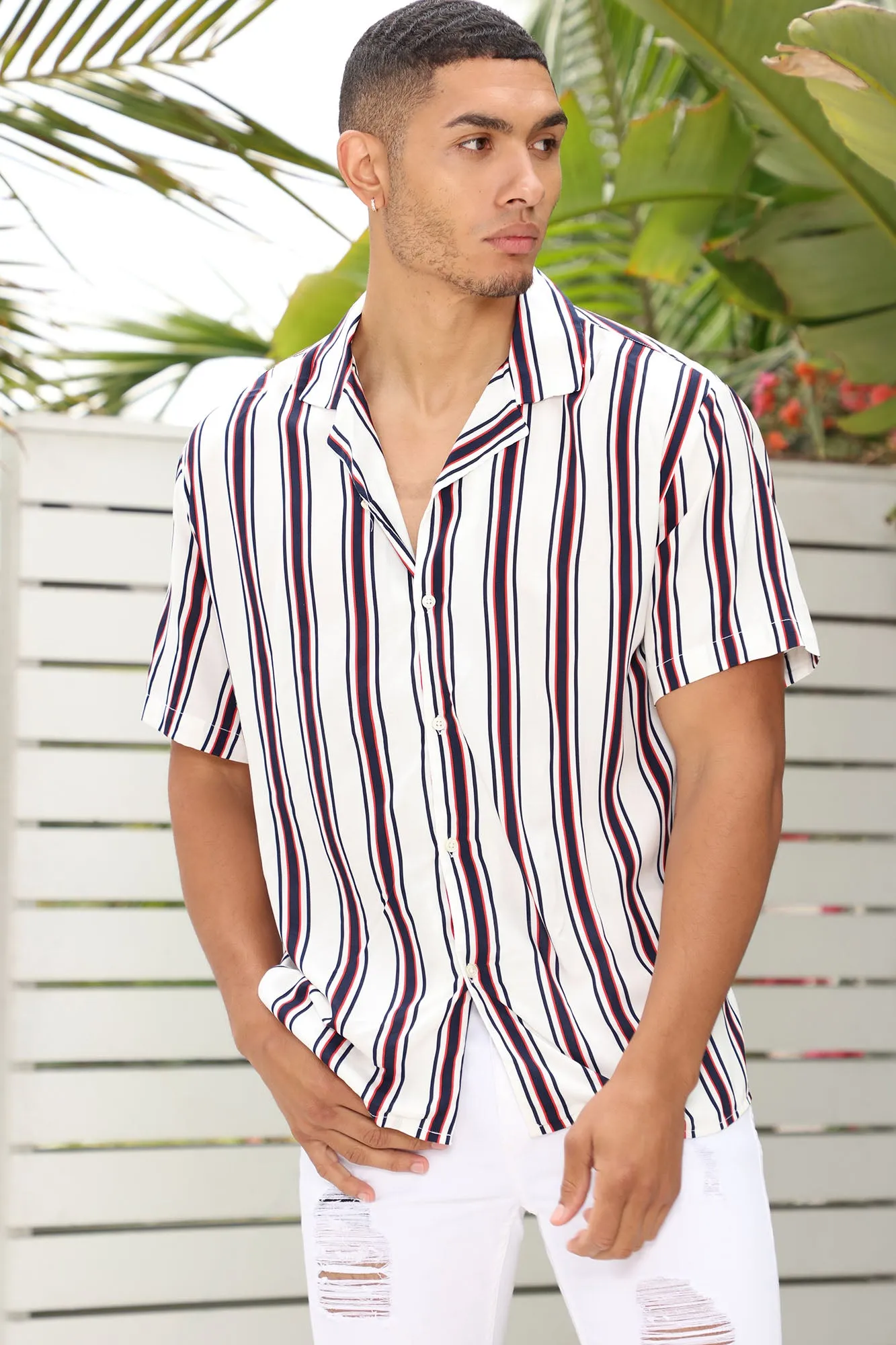 Benny Striped Short Sleeve Woven Top - White/combo