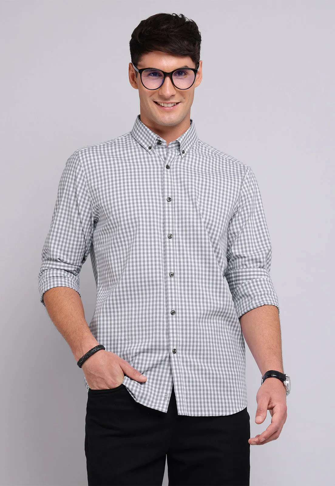 Camisa Hombre Cuadros Gris