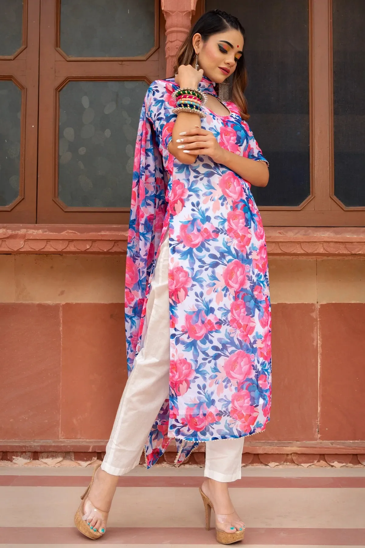 Chinon-Chiffon Multi Color Flower Print Suit Set