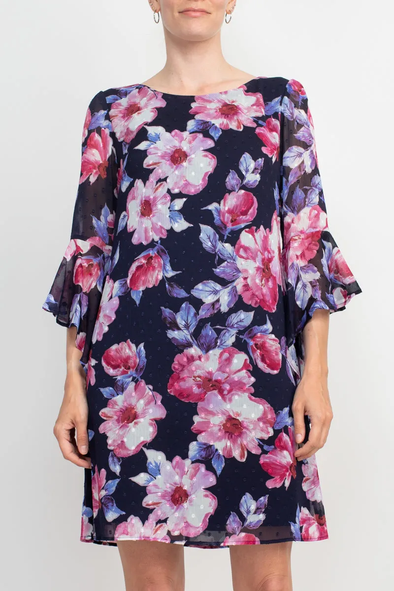 Connected Apparel Boat Neck Flounce Sleeve Zipper Back Floral Print Chiffon Dress