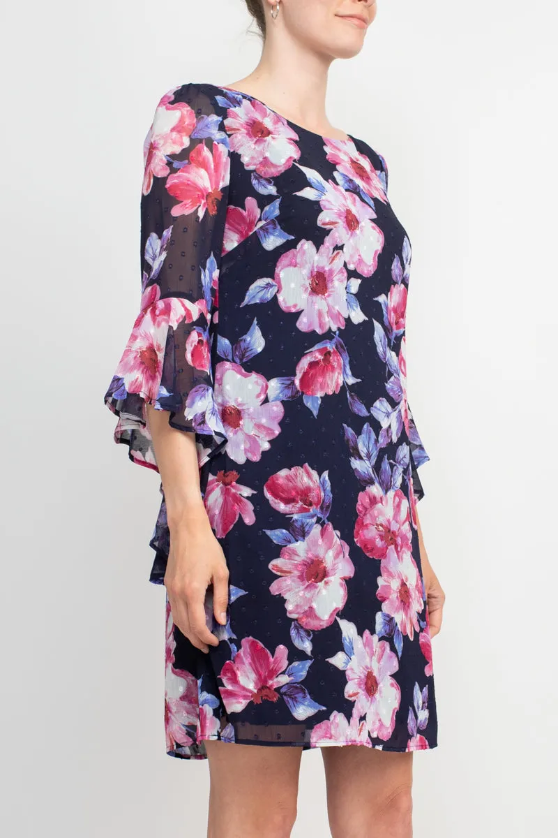 Connected Apparel Boat Neck Flounce Sleeve Zipper Back Floral Print Chiffon Dress