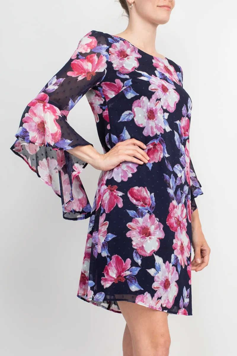 Connected Apparel Boat Neck Flounce Sleeve Zipper Back Floral Print Chiffon Dress