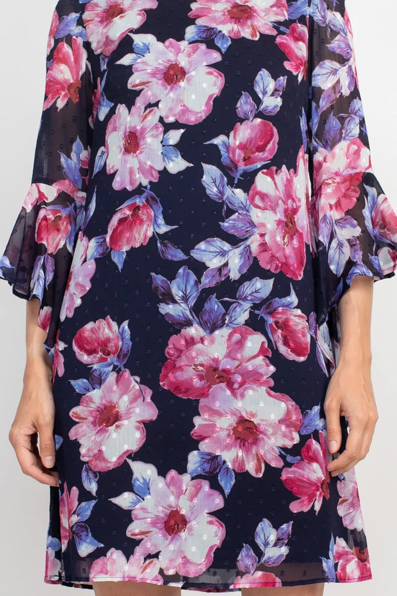 Connected Apparel Boat Neck Flounce Sleeve Zipper Back Floral Print Chiffon Dress