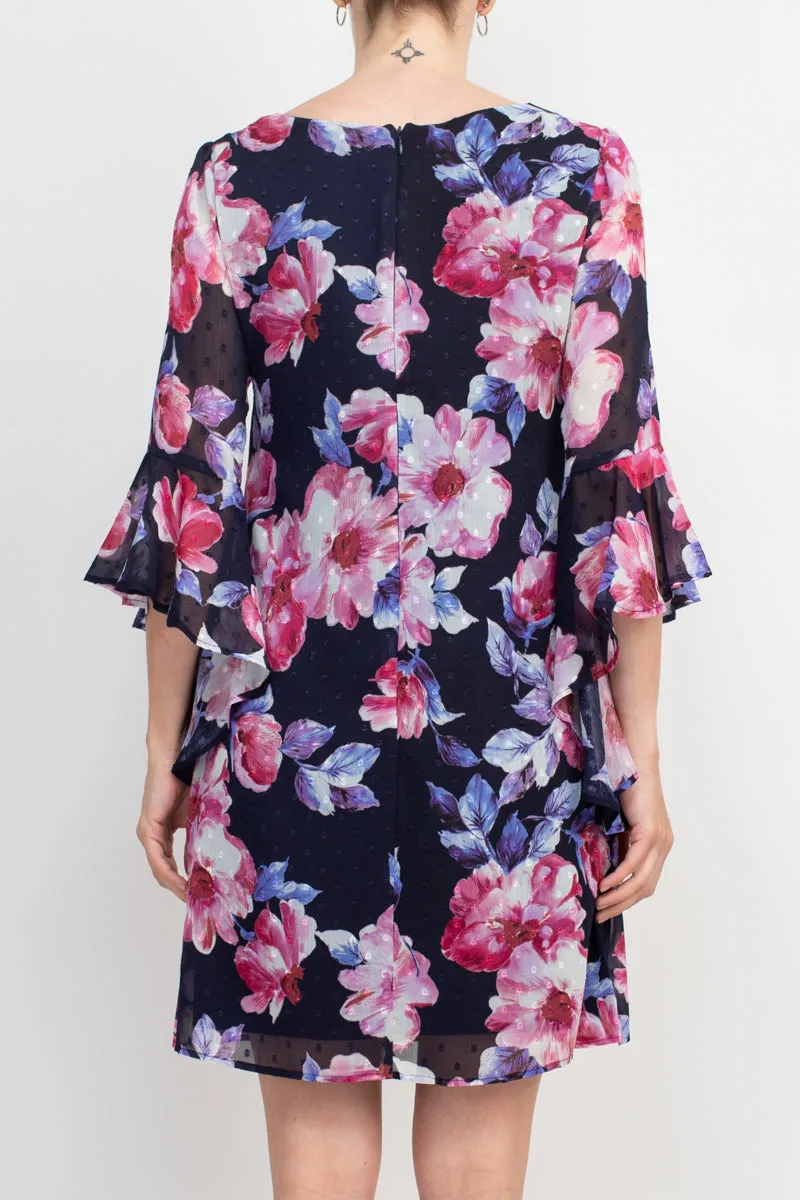 Connected Apparel Boat Neck Flounce Sleeve Zipper Back Floral Print Chiffon Dress