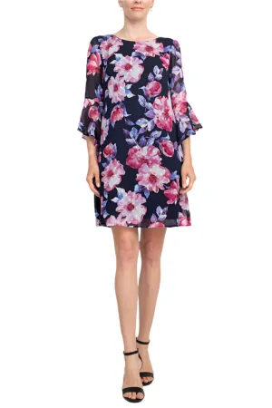 Connected Apparel Boat Neck Flounce Sleeve Zipper Back Floral Print Chiffon Dress