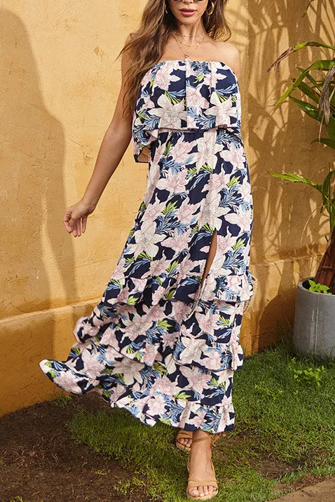 Floral Strapless Slit Ruffled Chiffon Dress