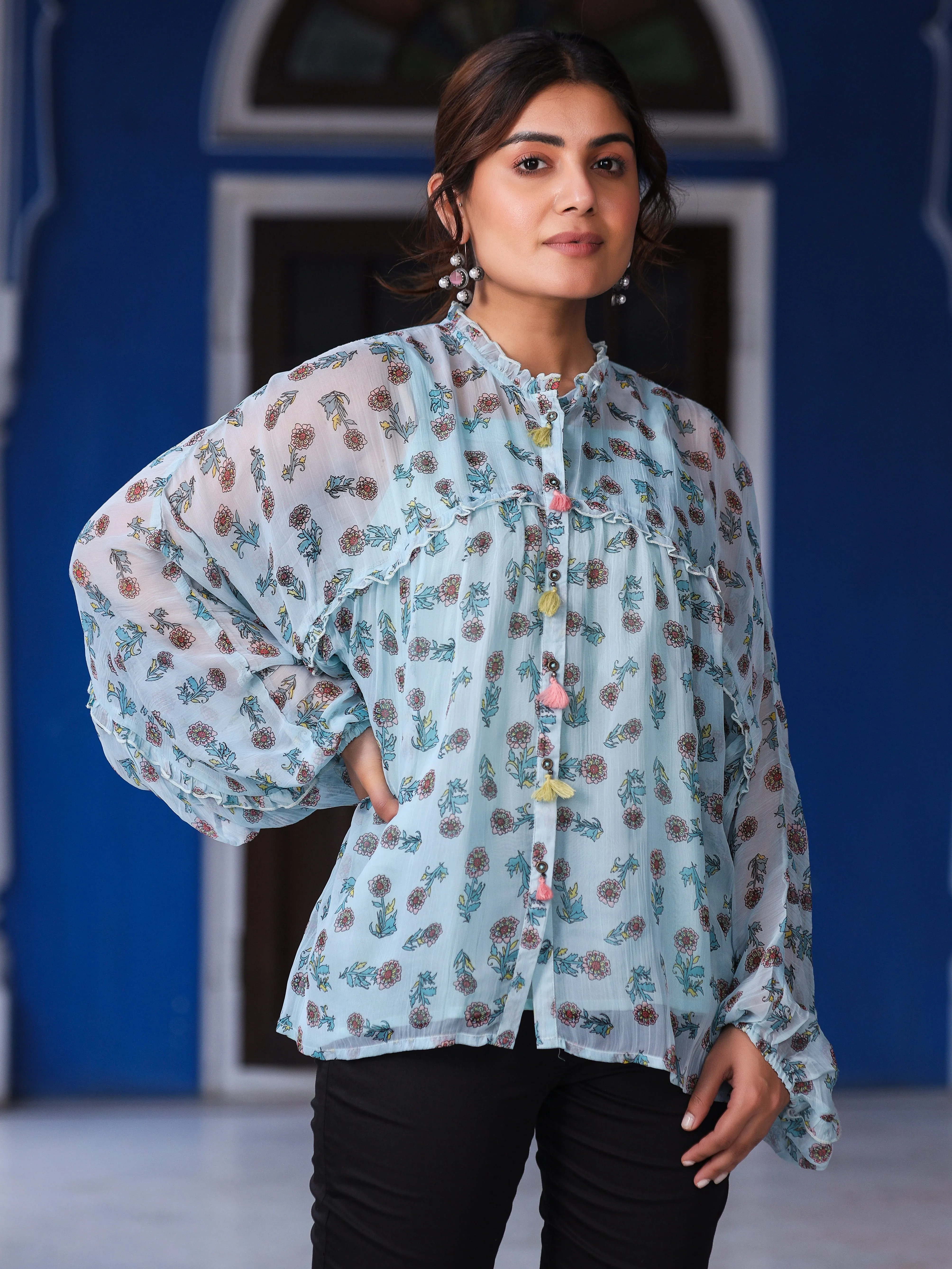 Jashvi Sky Blue Chiffon Floral Printed Button Detailing Tunic With Inner