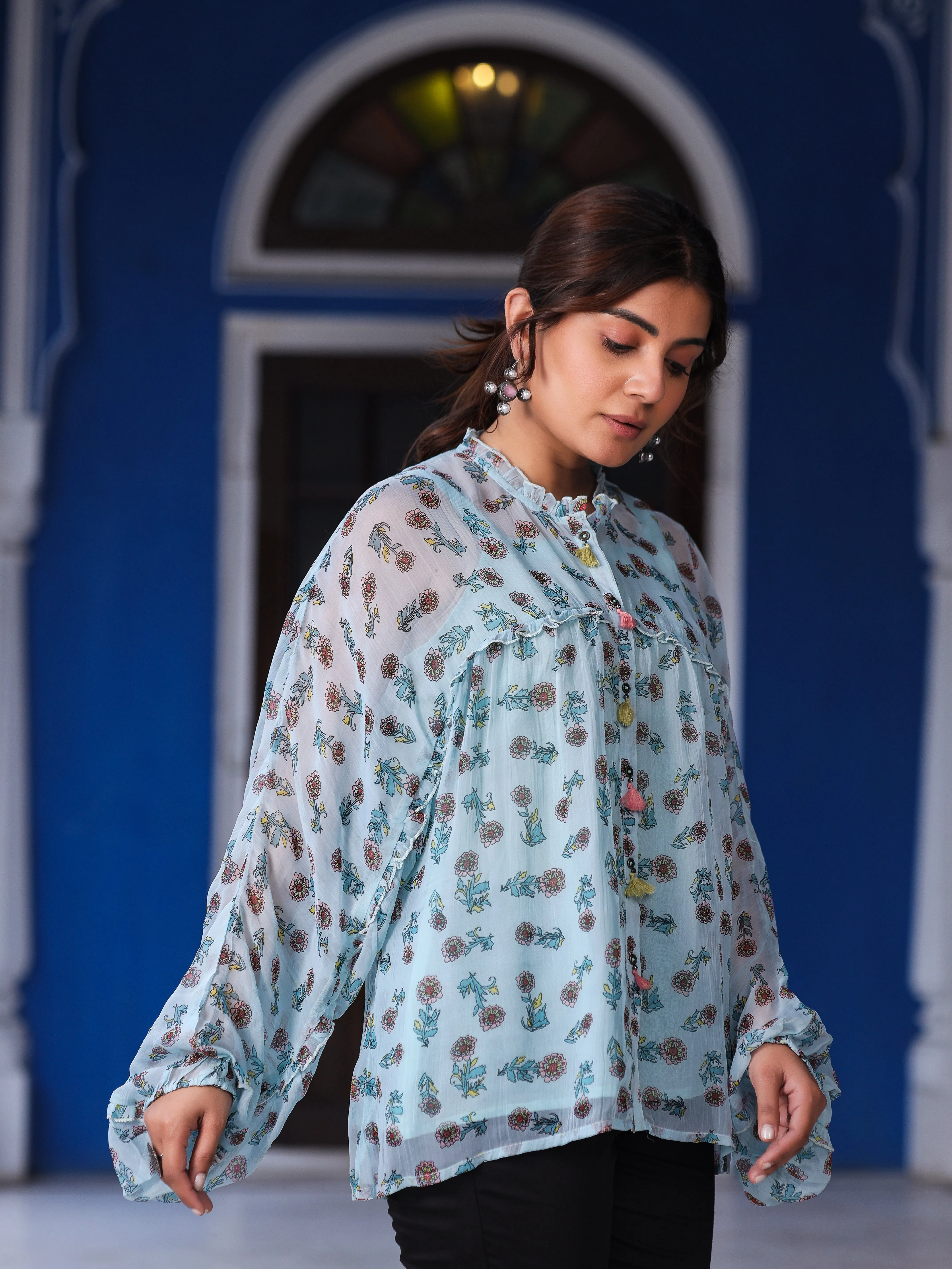 Jashvi Sky Blue Chiffon Floral Printed Button Detailing Tunic With Inner