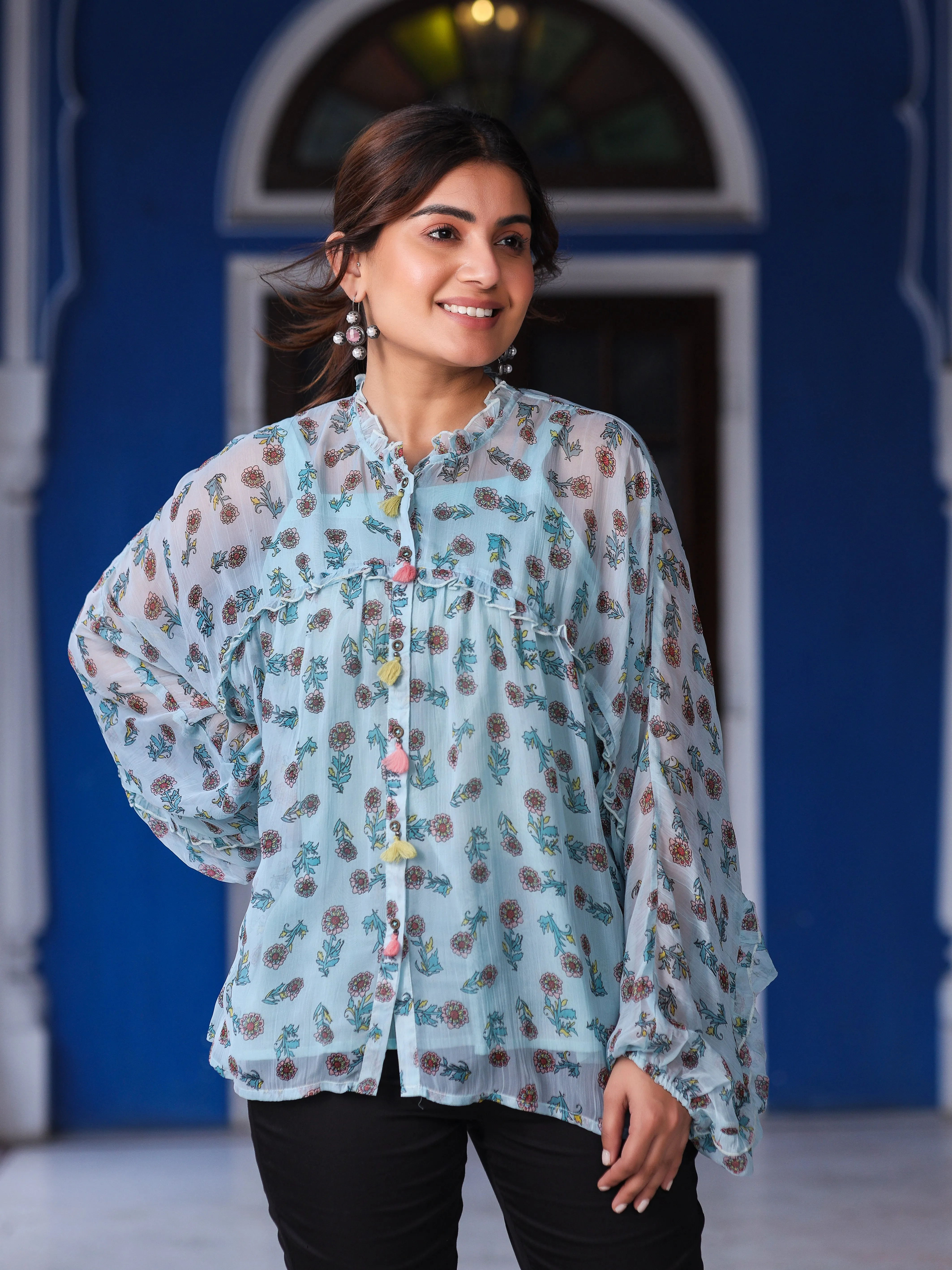 Jashvi Sky Blue Chiffon Floral Printed Button Detailing Tunic With Inner