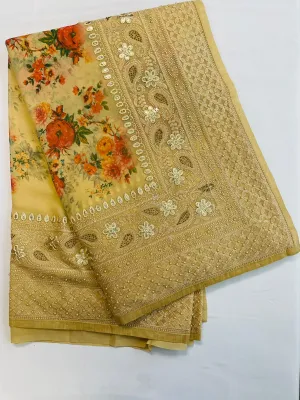 JWG115 -Pure Chiffon Floral prints Saree in Beige