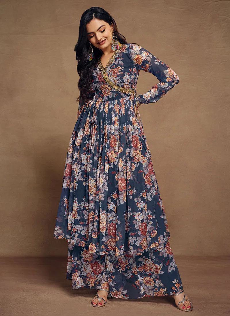 Navy Blue Floral Sequence Embroidery Anarkali Palazzo Suit