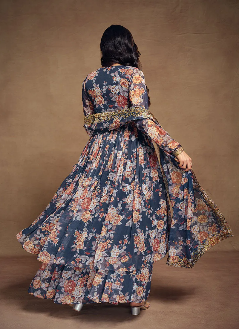 Navy Blue Floral Sequence Embroidery Anarkali Palazzo Suit