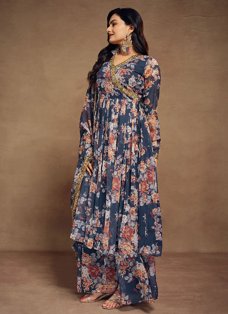 Navy Blue Floral Sequence Embroidery Anarkali Palazzo Suit