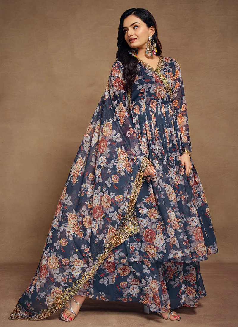 Navy Blue Floral Sequence Embroidery Anarkali Palazzo Suit