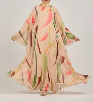 Olyndra Lush Chiffon Watercolor Floral Maxi Dress with Flared Sleeves