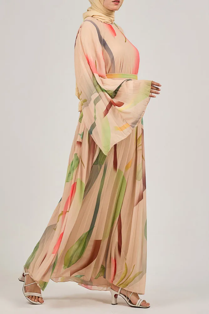 Olyndra Lush Chiffon Watercolor Floral Maxi Dress with Flared Sleeves