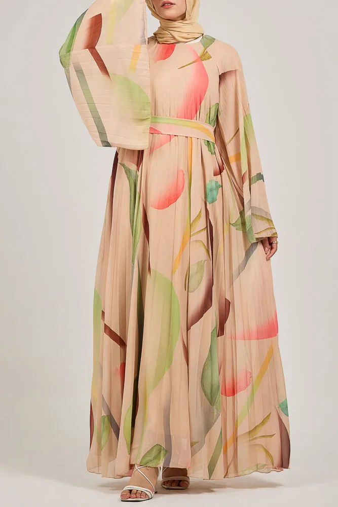 Olyndra Lush Chiffon Watercolor Floral Maxi Dress with Flared Sleeves