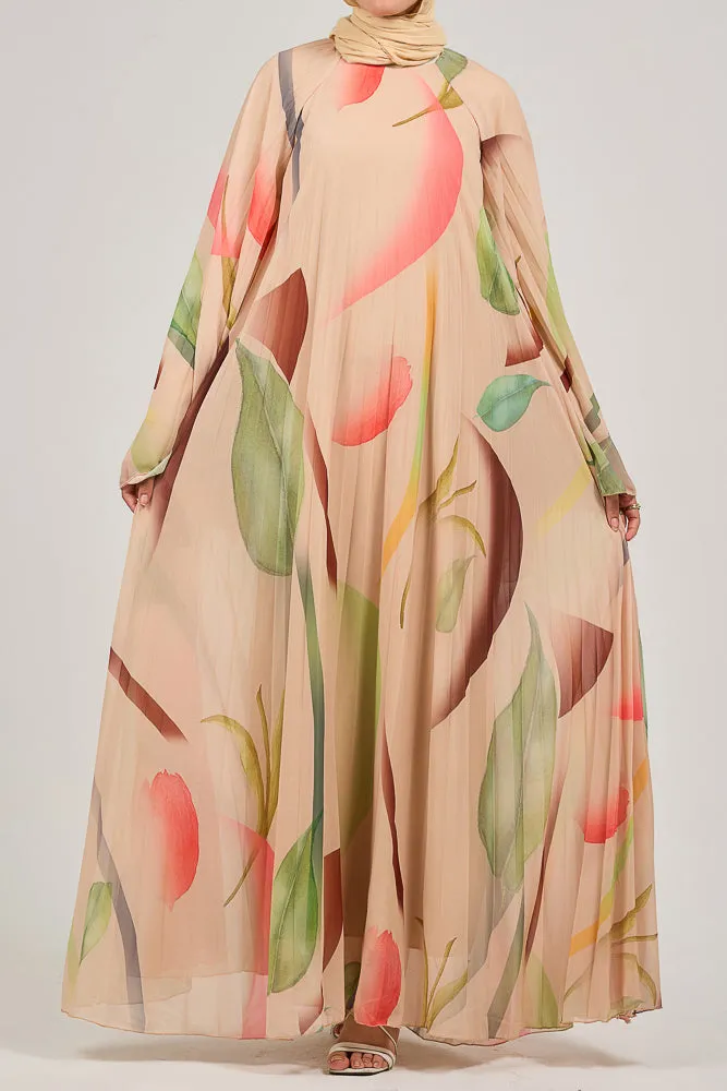 Olyndra Lush Chiffon Watercolor Floral Maxi Dress with Flared Sleeves