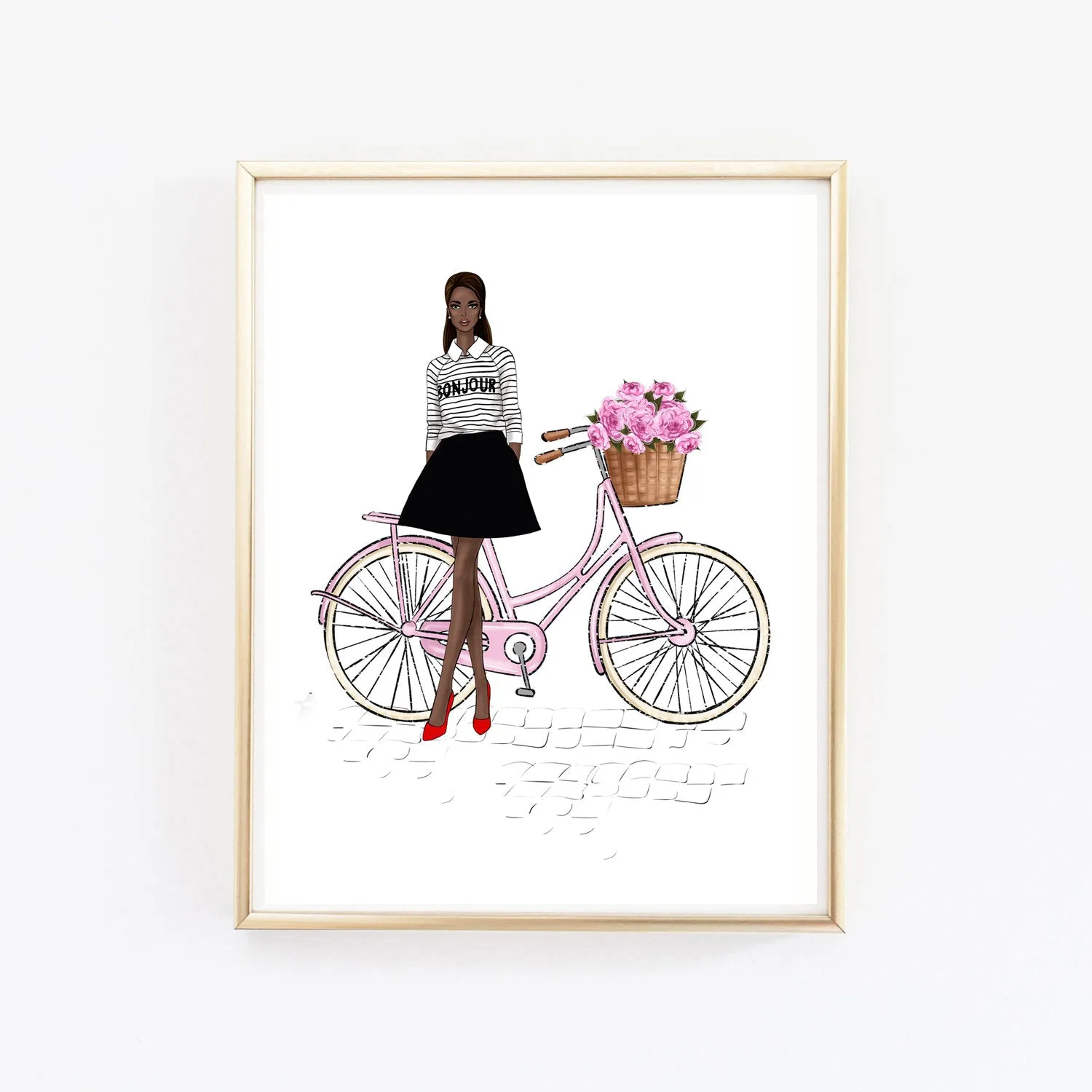 Spring fashion wall art print of french girl with bicycle