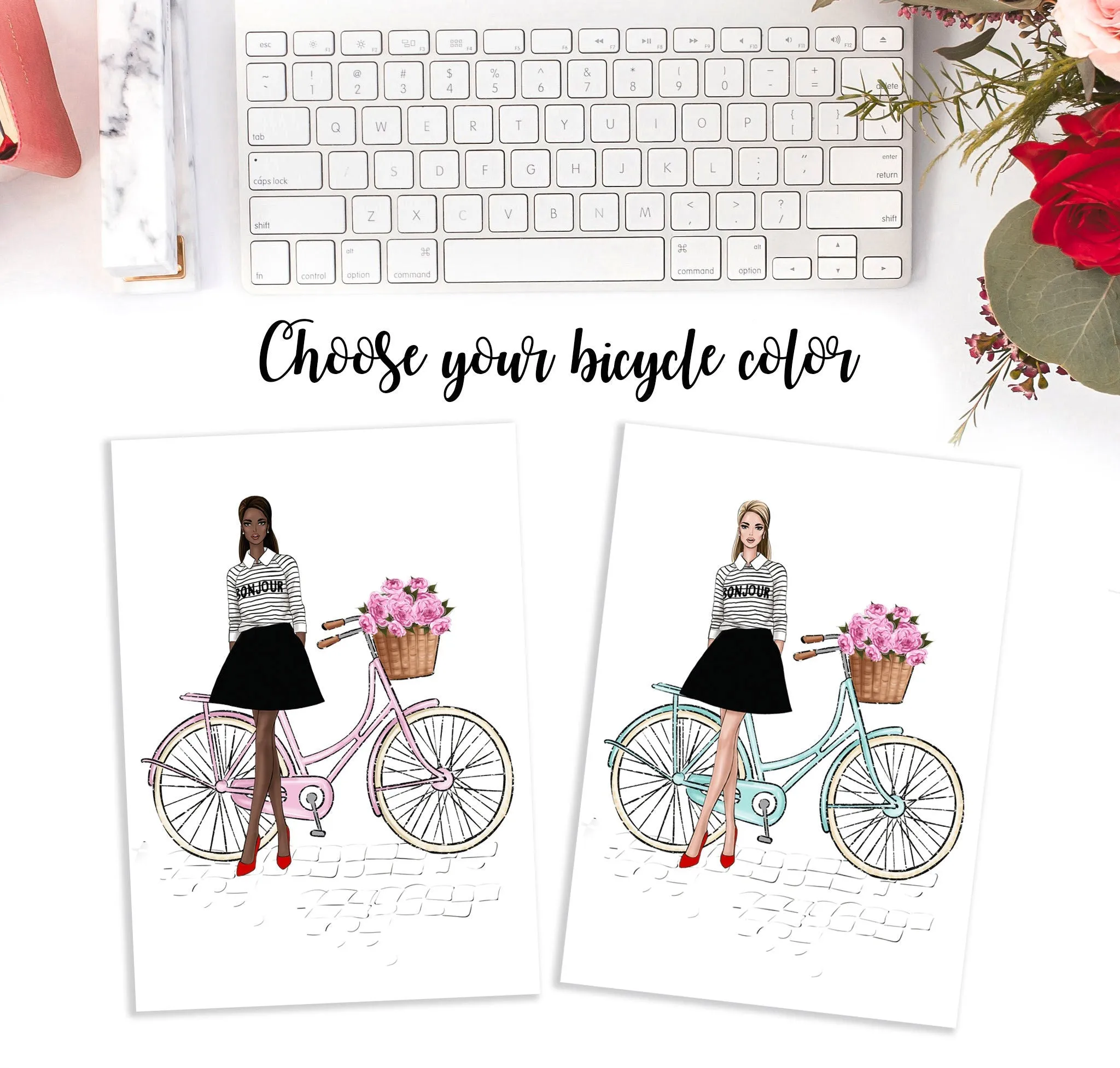 Spring fashion wall art print of french girl with bicycle