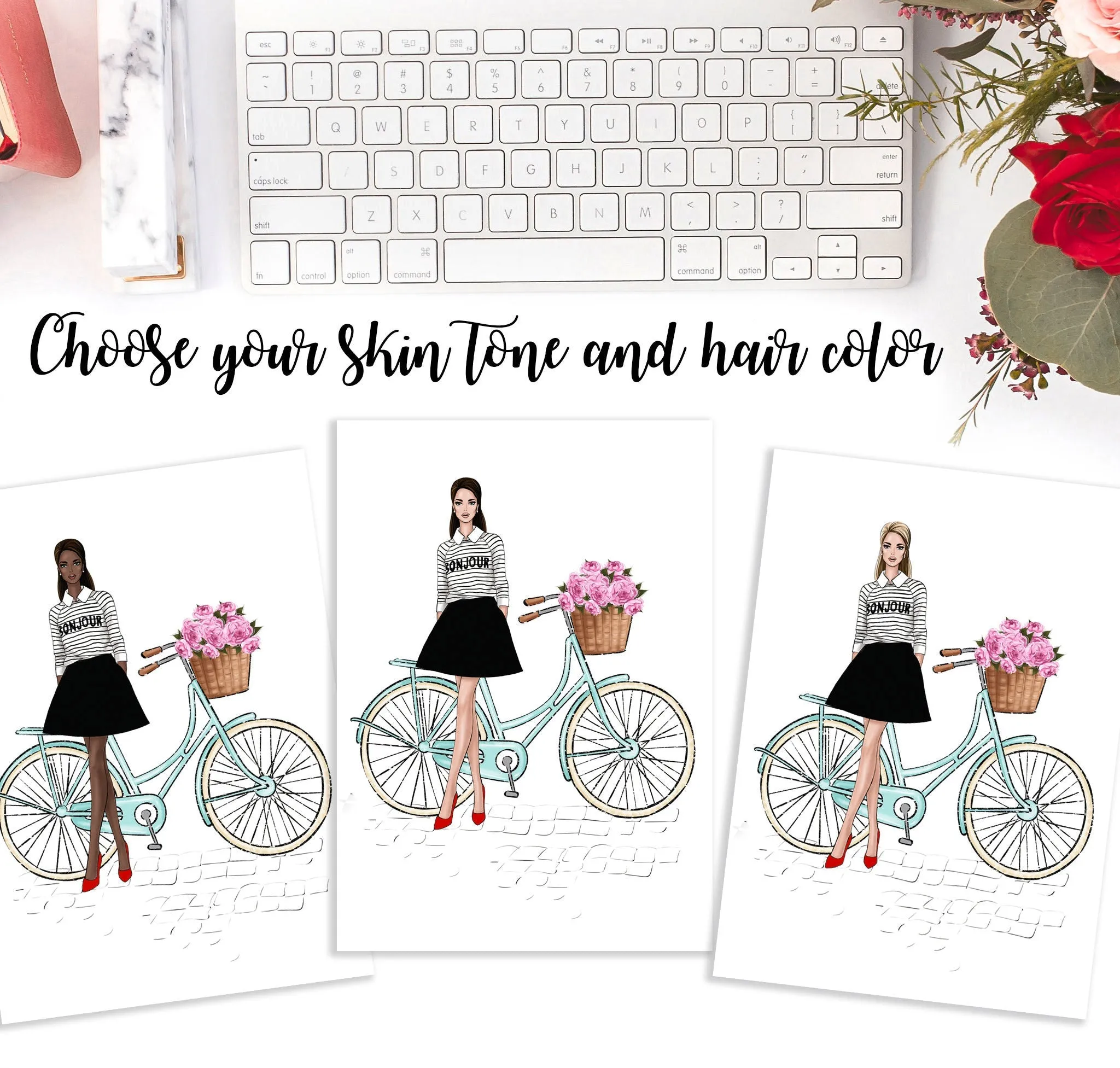 Spring fashion wall art print of french girl with bicycle