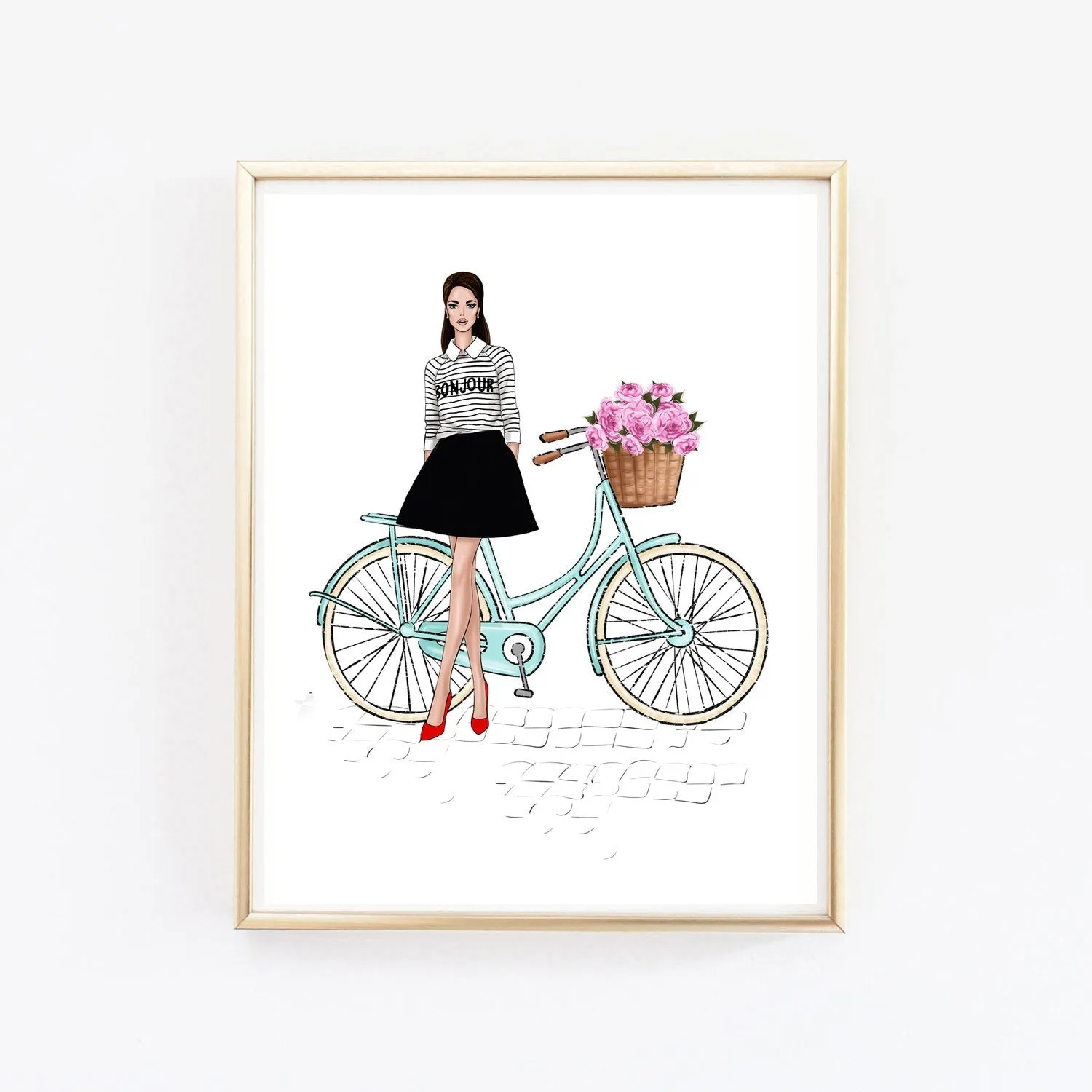 Spring fashion wall art print of french girl with bicycle