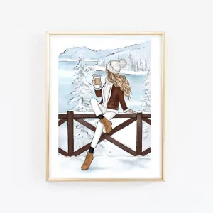 Winter art print fashion illustration of a girl in Switzerland mountains