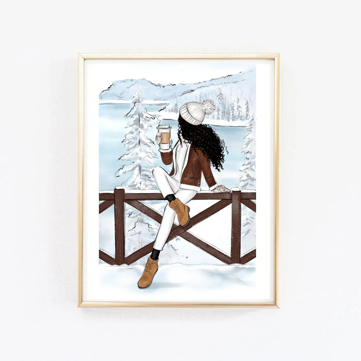 Winter art print fashion illustration of a girl in Switzerland mountains