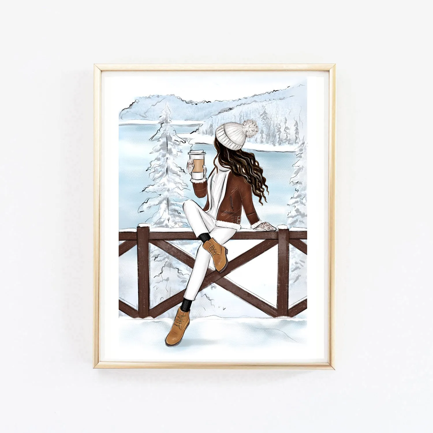 Winter art print fashion illustration of a girl in Switzerland mountains